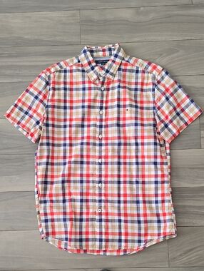 Tommy Hilfiger Men’s Short Sleeve Plaid Button-Down Shirt - Red/Navy/Tan/White